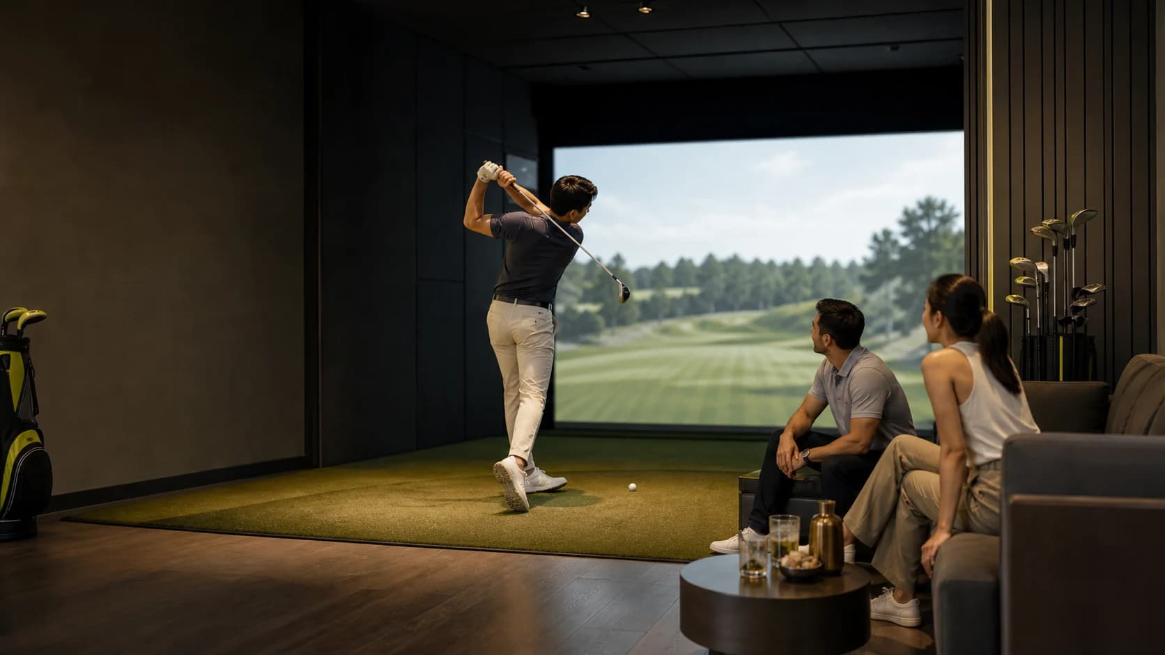 Golfer practicing inside a future simulator setting